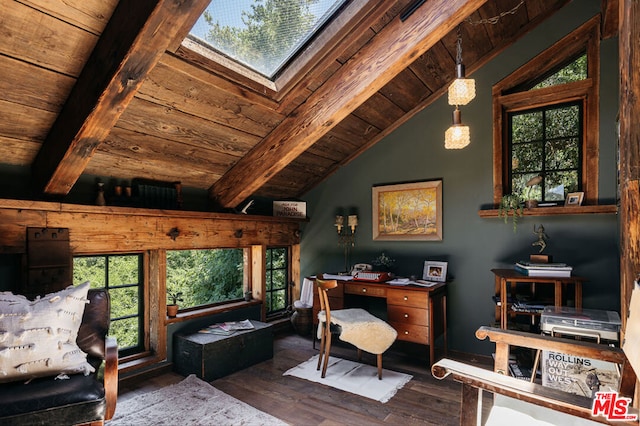 office area with vaulted ceiling with skylight, wood ceiling, and dark hardwood / wood-style floors