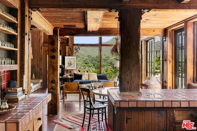 interior space featuring wood ceiling and dark hardwood / wood-style floors