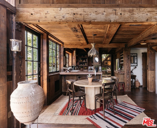 dining room featuring beam ceiling, wooden ceiling, and dark hardwood / wood-style flooring