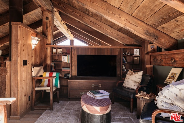 living room with wood walls, lofted ceiling with beams, wooden ceiling, and dark wood-type flooring