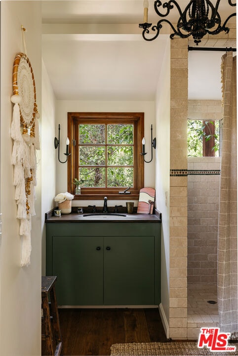 bathroom with a wealth of natural light, vanity, hardwood / wood-style flooring, and walk in shower