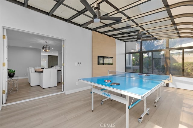 game room featuring ceiling fan and light hardwood / wood-style flooring