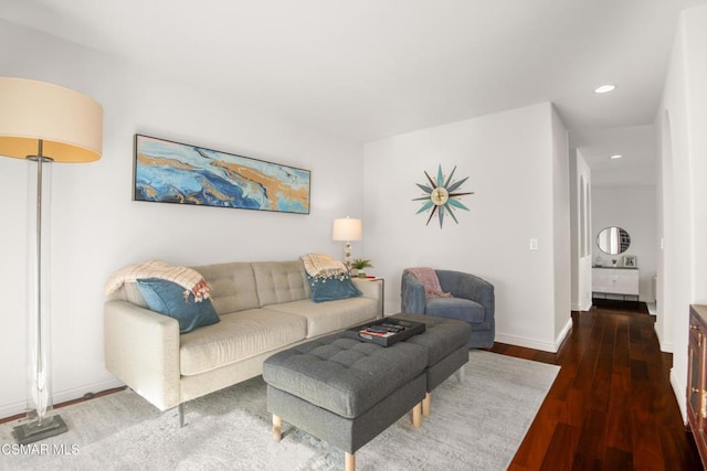 living room featuring dark wood-type flooring