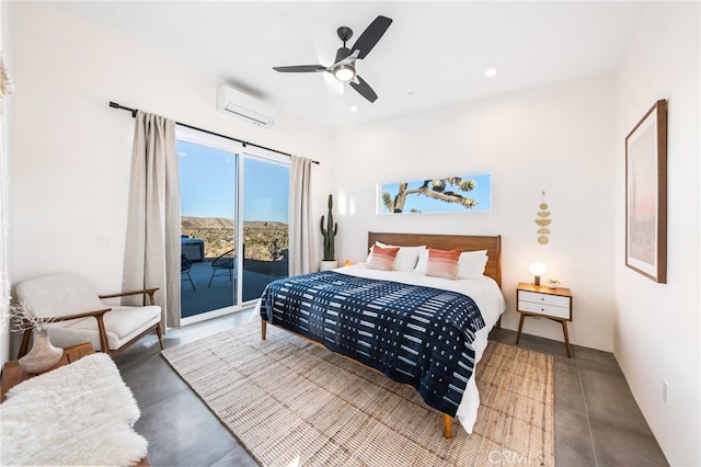 bedroom featuring a wall unit AC, access to exterior, and ceiling fan