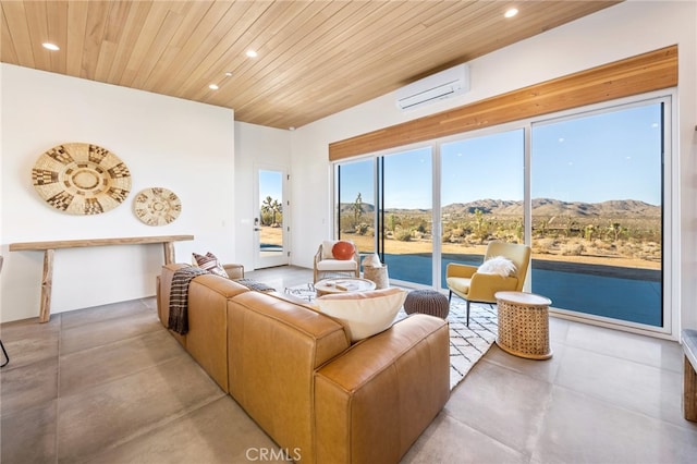 living room featuring a mountain view, a wall mounted AC, and wooden ceiling