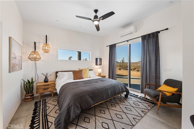 tiled bedroom featuring a wall unit AC, multiple windows, access to outside, and ceiling fan