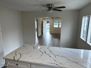 interior space featuring white cabinets, dark hardwood / wood-style flooring, light stone counters, and ceiling fan