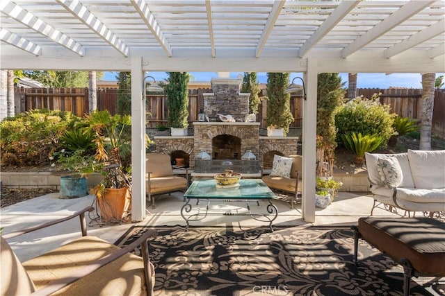 view of patio featuring outdoor lounge area and a pergola