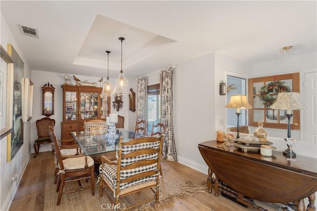 dining area with hardwood / wood-style floors and a raised ceiling