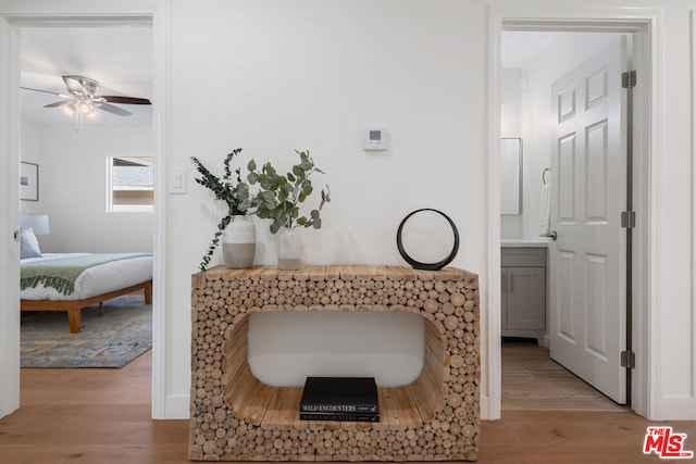 bathroom with ceiling fan and hardwood / wood-style flooring