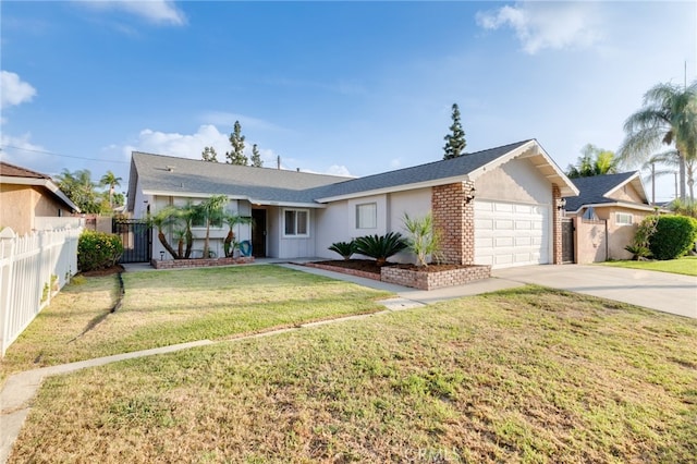 single story home with a front yard and a garage