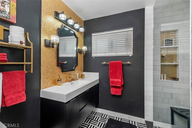 bathroom with vanity and tile patterned flooring