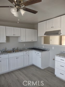 kitchen with range hood, sink, white cabinets, light hardwood / wood-style floors, and ceiling fan