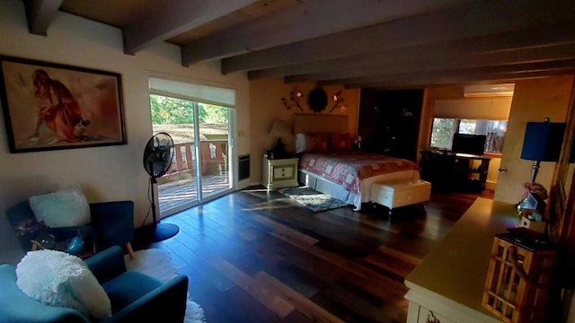 bedroom with beam ceiling, hardwood / wood-style flooring, access to outside, and a wall unit AC