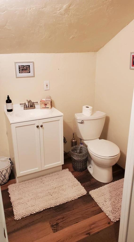 bathroom featuring vanity, a textured ceiling, wood-type flooring, and toilet