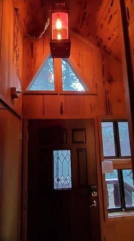 foyer with vaulted ceiling, plenty of natural light, and wooden walls