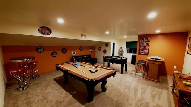 playroom featuring pool table and light carpet