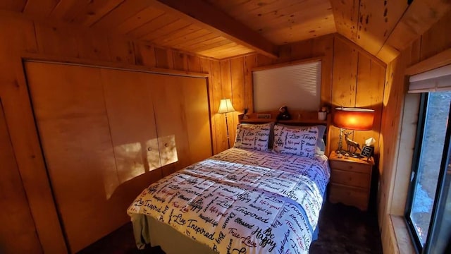 bedroom featuring beam ceiling, wooden ceiling, and wood walls