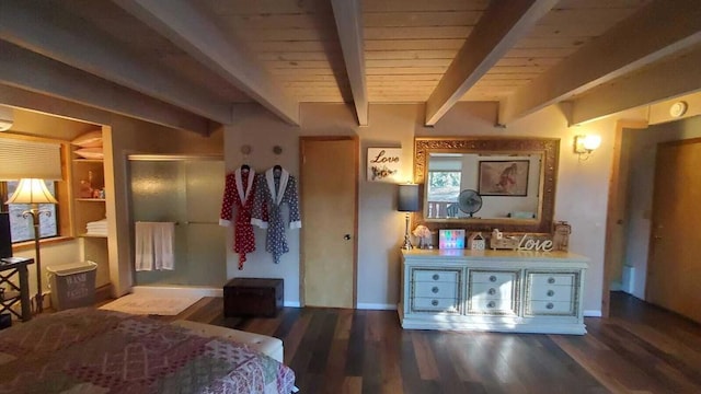 bedroom featuring hardwood / wood-style floors, wooden ceiling, and beam ceiling