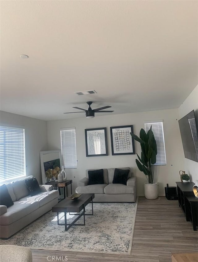 living room with ceiling fan and hardwood / wood-style floors