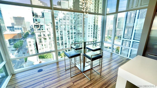 dining space featuring hardwood / wood-style flooring, a wall of windows, and a healthy amount of sunlight