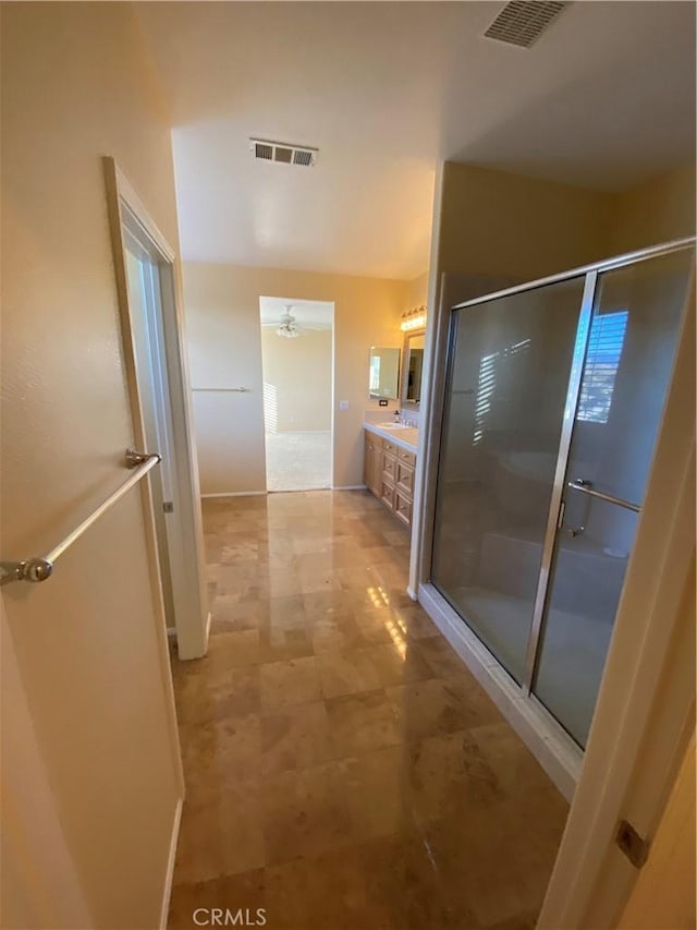 29161 Garnet Canyon Dr, Saugus, CA 91390 - bathroom featuring a shower stall, vanity, tile patterned floors, and visible vents
