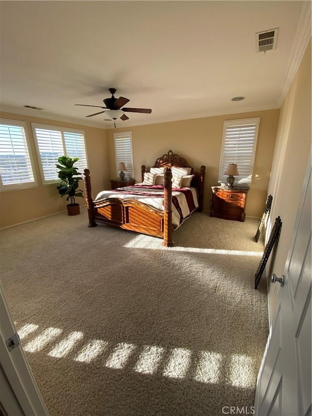 29161 Garnet Canyon Dr, Saugus, CA 91390 - carpeted bedroom featuring a ceiling fan, baseboards, crown molding, and visible vents