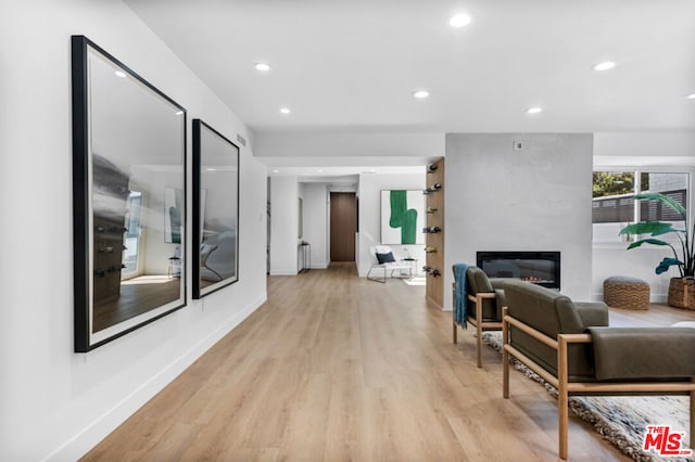 living room with a fireplace and light wood-type flooring