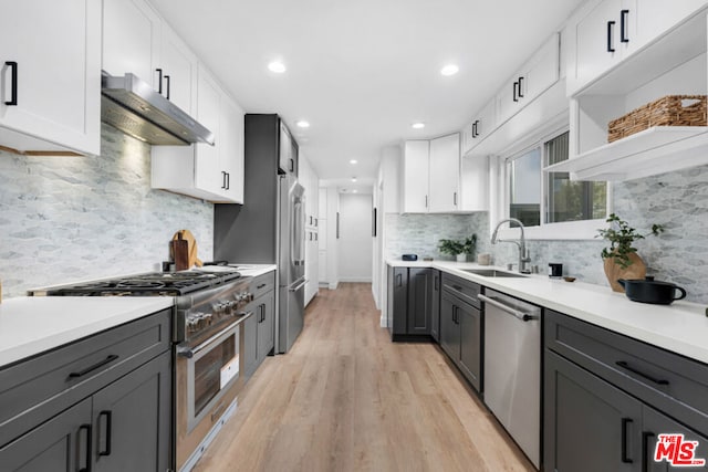 kitchen featuring decorative backsplash, light wood-type flooring, white cabinetry, and stainless steel appliances