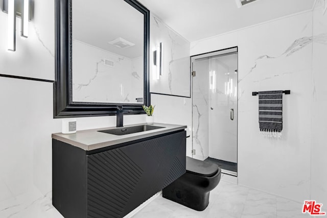 bathroom featuring vanity, toilet, and an enclosed shower