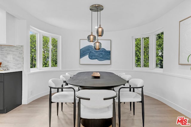 dining area with plenty of natural light and light hardwood / wood-style floors