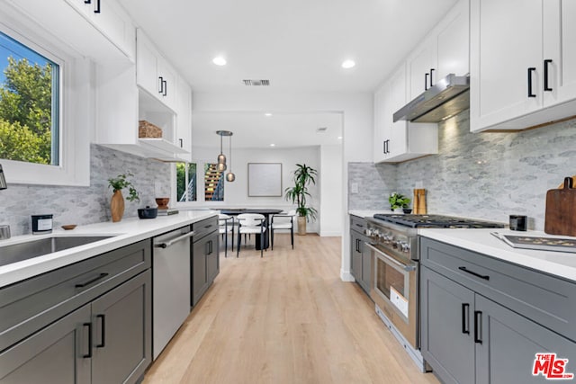 kitchen with appliances with stainless steel finishes, light wood-type flooring, a wealth of natural light, white cabinetry, and hanging light fixtures