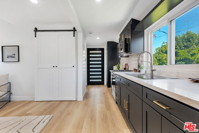 kitchen featuring a barn door, light hardwood / wood-style floors, tasteful backsplash, and sink