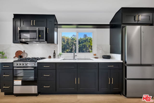 kitchen with decorative backsplash, light wood-type flooring, sink, and appliances with stainless steel finishes