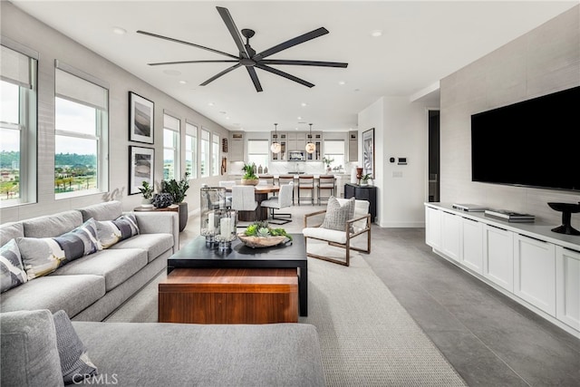 living room with ceiling fan