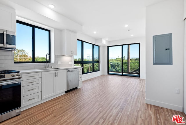 kitchen with electric panel, white cabinets, sink, appliances with stainless steel finishes, and tasteful backsplash