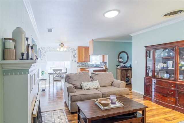 living room with crown molding, light hardwood / wood-style flooring, and a healthy amount of sunlight