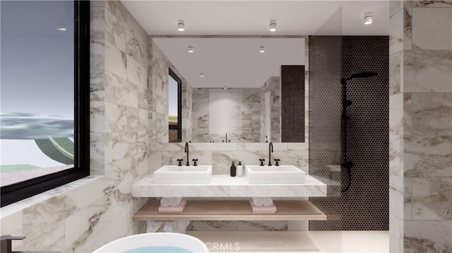 bathroom featuring vanity, tile walls, a wealth of natural light, and walk in shower