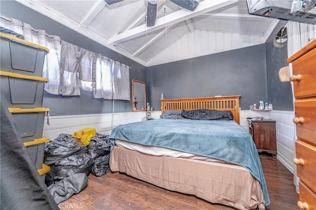 bedroom with dark wood-type flooring, ceiling fan, and lofted ceiling with beams