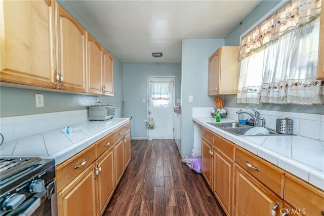 kitchen featuring a wealth of natural light, tile counters, dark hardwood / wood-style floors, and sink