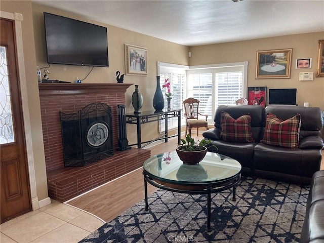 living room with a fireplace and light hardwood / wood-style flooring