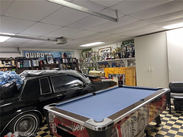 game room featuring billiards and a drop ceiling