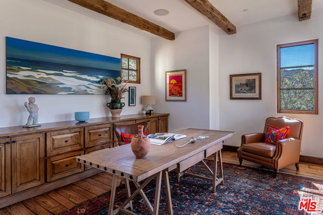 office featuring beam ceiling and dark hardwood / wood-style flooring