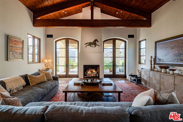 living room with french doors, high vaulted ceiling, a healthy amount of sunlight, and wooden ceiling