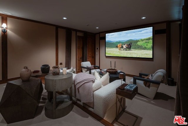 home theater room featuring carpet