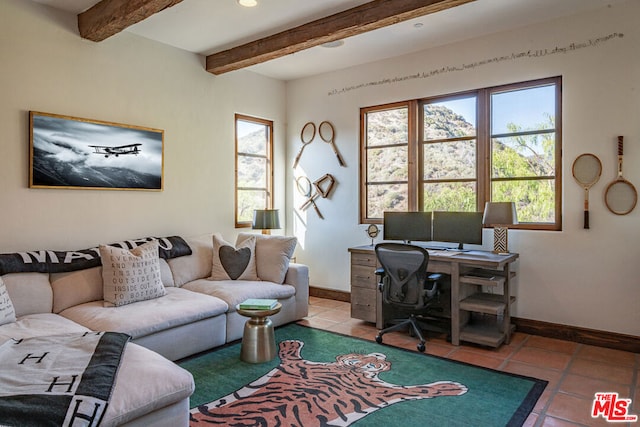 tiled home office with beam ceiling