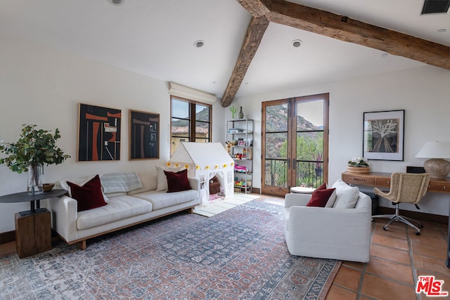 tiled living room with beam ceiling