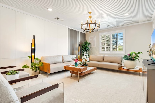 carpeted living room featuring a chandelier and crown molding