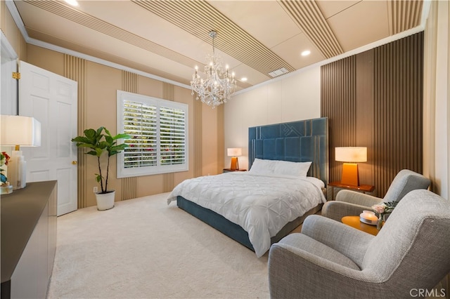 bedroom featuring light carpet, an inviting chandelier, and ornamental molding