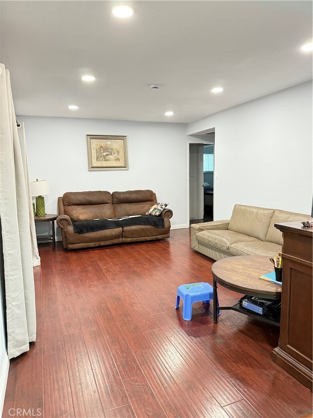 living room with dark hardwood / wood-style flooring